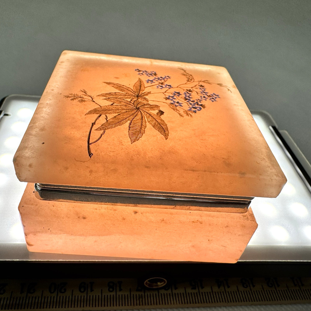 Vintage Italian Pink Alabaster‎ Trinket Box Hand Painted Blue Floral Square 3in